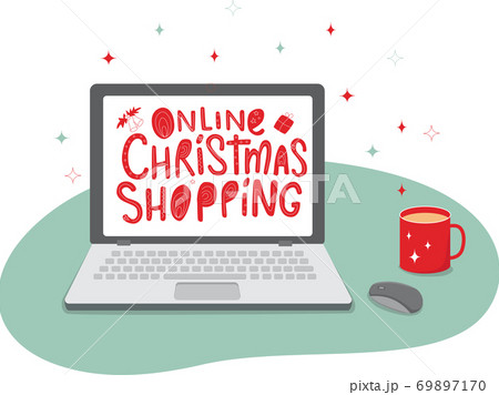 Laptop, mouse, sign on the screen - online Christmas shopping. Vector stock illustration isolated on white background for web shop design.  69897170