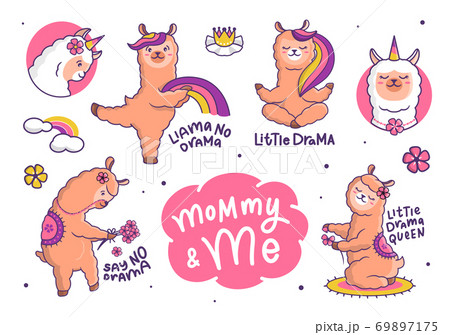 Set of funny llama no drama. Cartoonish animals with flowers 69897175