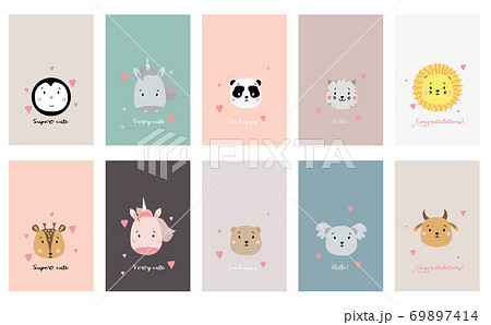 Collection of childrens cards. Set of postcards with cute animals and phrases. Creative print featuring bear, unicorn and penguin, panda and cat, lion and deer, bull and koala. Vector. scandinavian Collection of childrens cards. Set of postcards with cute animals and phrases. Creative print featuring bear, unicorn and penguin, panda and cat, lion and deer, bull and koala. Vector. scandinavian 69897414