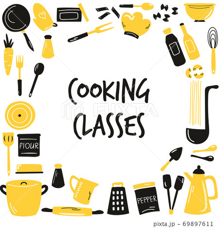 Hand drawn banner, background with cooking utensils, amenities. Vector illustration with different kitchenware Hand drawn banner, background with cooking utensils, amenities. Vector illustration with different kitchenware 69897611