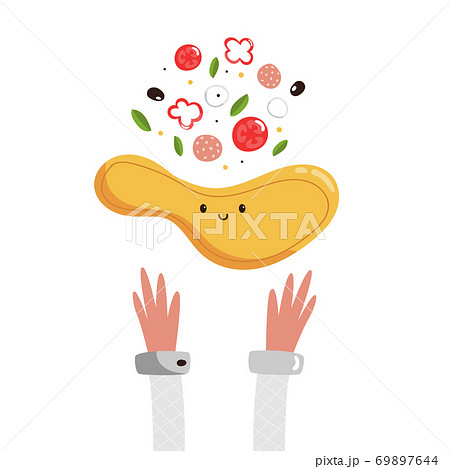 Pizzaiolo making tasty pizza with delicious ingredients. Colorful vector illustration 69897644