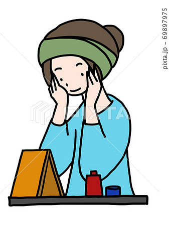 スキンケアで美容液を肌に塗る女性の手描きイラスト カラー のイラスト素材