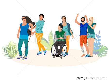 Volunteers helping disabled people. Group of men and women with special needs, on wheelchair, with prosthesis. Vector illustration for support, diversity, disability, lifestyle concept Volunteers helping disabled people. Group of men and women with special needs, on wheelchair, with prosthesis. Vector illustration for support, diversity, disability, lifestyle concept 69898230
