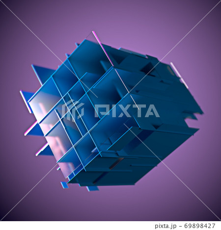 Abstract cube made of blue color plates on a purple background. 3d rendering. Innovative impressive technologies Abstract cube made of blue color plates on a purple background. 3d rendering. Innovative impressive technologies 69898427