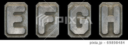 Set of capital letters E, F, G, H made of industrial metal isolated on black background. 3d Set of capital letters E, F, G, H made of industrial metal isolated on black background. 3d 69898484