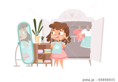 Girl dressing up. Cute baby choice clothes in wardrobe. Cartoon fashion kid, female child change dress vector illustration Girl dressing up. Cute baby choice clothes in wardrobe. Cartoon fashion kid, female child change dress vector illustration 69898935