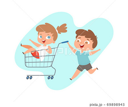 Children ride in grocery cart. Happy brother and sister play in shop or supermarket, cartoon happy children characters 69898943
