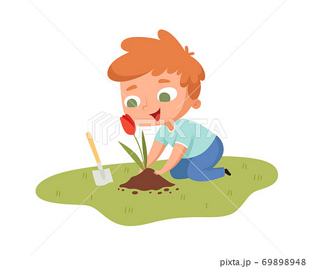 Boy planting tulip. Young guy with garden tool caring flower. Isolated cartoon little male gardening hobbies vector illustration 69898948