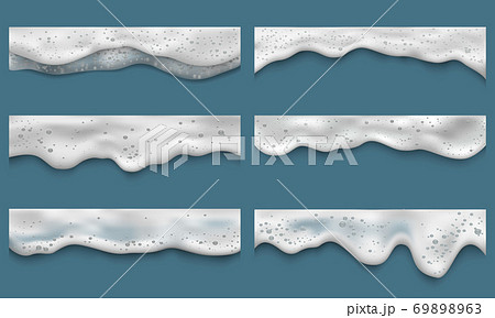 Water foam. Clean washing liquids bath laundry drops splashes on seaside top view vector realistic templates Water foam. Clean washing liquids bath laundry drops splashes on seaside top view vector realistic templates 69898963