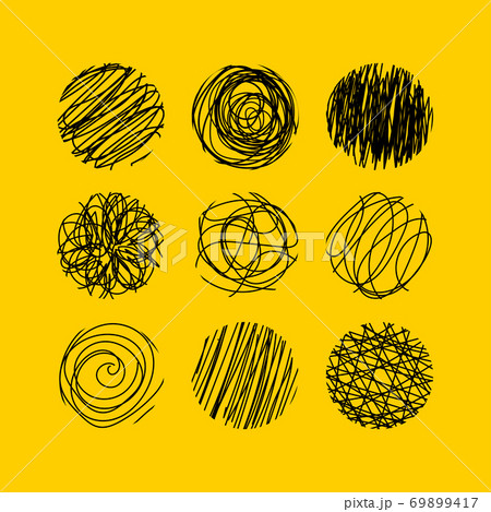 Set of round doodle black elements scratched with black lines Set of round doodle black elements scratched with black lines 69899417