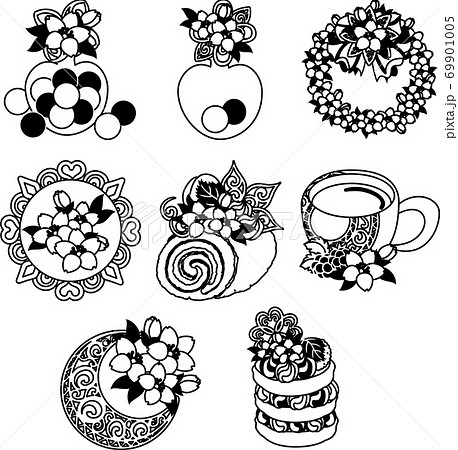 キャンディやリースや宝石やロールケーキやラテやパンケーキなどの 可愛い桜のアイコンいろいろのイラスト素材