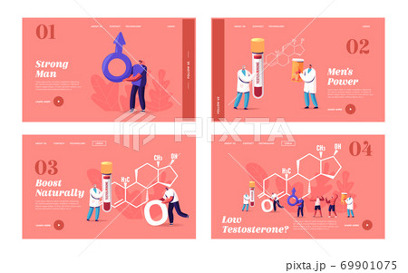 Male Health Landing Page Template Set. Tiny Characters Patients and Doctor with Blood Test at Huge Testosterone Formula 69901075