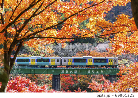 紅葉と鉄橋を渡る水郡線の列車 福島県矢祭町 紅葉と鉄橋を渡る水郡線の列車 福島県矢祭町 69901325