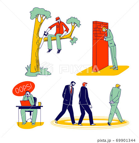 Characters Stupidity, Man Sawing Off the Tree Branch He is Sitting on. Stupid User Deleted Important Information from Pc 69901344