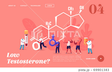 Male Health Landing Page Template. Tiny Characters Patient and Doctor with Blood Test Flask at Huge Testosterone Formula 69901383