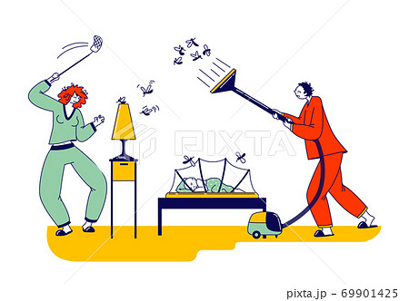 Despair Young Couple Characters Fighting with Mosquito at Night Time, Man and Woman Use Vacuum Cleaner and Fly Swatter 69901425
