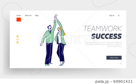 Characters Agree, Celebrate Triumph Landing Page Template. Colleagues Giving Highfive to Each Other, Goal Achievement 69901431