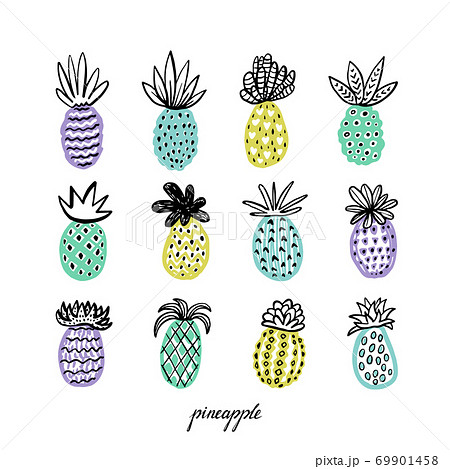 Set Of Pineapples Hand Drawn Decorative Stock Illustration