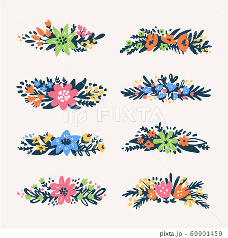 Cute little floral bouquets borders, retro styled flowers. Useful for create wedding cards, product packaging, logos, invitations, text design. 69901459