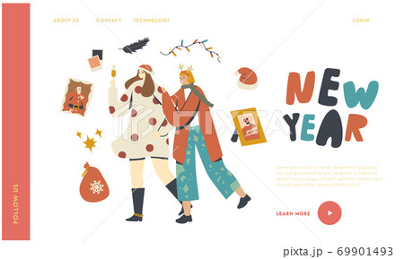 Happy Girls at Christmas and New Year Corporate Party Landing Page Template. Positive Women Drinking, Xmas Celebration 69901493