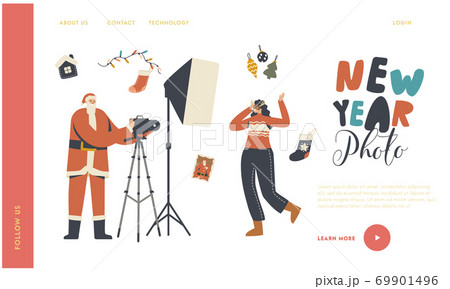 New Year and Christmas Photo Session Landing Page Template. Cheerful Female Character in Festive Mask Posing on Camera 69901496