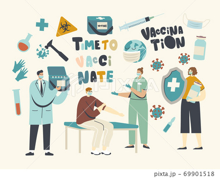 Medical Vaccination, Health Immunization Concept. Character Hold Huge Shield, Nurse Making Vaccine Shot to Man in Mask 69901518