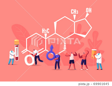Male Health Concept. Tiny Characters Patients and Doctor at Huge Testosterone Formula. Man Hold Mars Sign. Hormones 69901645