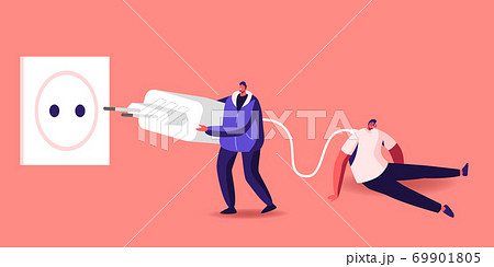 Tiny Character Put Huge Plug into Socket to Recharge Tired and Exhausted Business Man Sitting with Low Life Energy 69901805