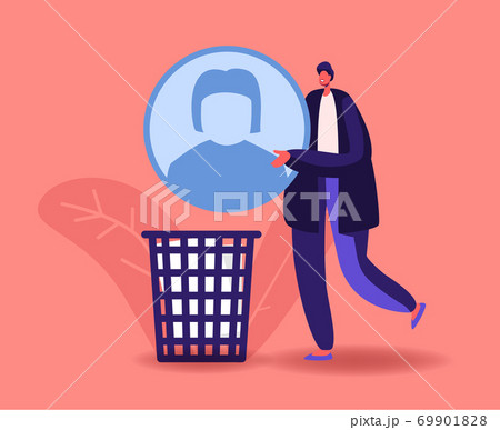 Social Account Deactivation. Tiny Male Character Throw Huge Avatar Icon into Litter Bin from Web Page in Social Network 69901828
