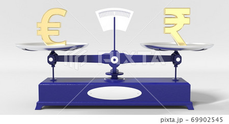Euro symbol weighs the same as Rupee sign on balance scales. Financial market conceptual 3d rendering Euro symbol weighs the same as Rupee sign on balance scales. Financial market conceptual 3d rendering 69902545