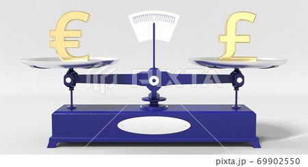 Euro symbol weighs the same as Pound sterling sign on balance scales. Financial market conceptual 3d rendering Euro symbol weighs the same as Pound sterling sign on balance scales. Financial market conceptual 3d rendering 69902550