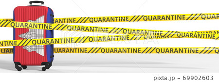 Flag of Cambodia on a suitcase and quarantine stripes, coronavirus pandemic tourism restrictions concept. 3d rendering Flag of Cambodia on a suitcase and quarantine stripes, coronavirus pandemic tourism restrictions concept. 3d rendering 69902603