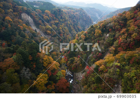 美しい渓谷と紅葉。 大分県阿蘇くじゅう国立公園で撮影。 69903035