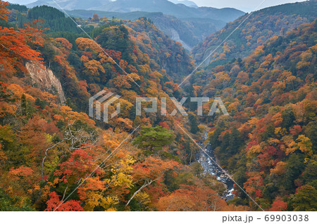美しい渓谷と紅葉。 大分県阿蘇くじゅう国立公園で撮影。 69903038