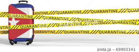 Suitcase with flag of Cuba and quarantine stripes, COVID-19 travel restrictions conceptual 3d rendering Suitcase with flag of Cuba and quarantine stripes, COVID-19 travel restrictions conceptual 3d rendering 69903341