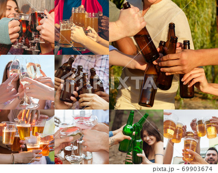 Collage of hands of young friends, colleagues during beer drinking, having fun, laughting and celebrating together. Collage, design Collage of hands of young friends, colleagues during beer drinking, having fun, laughting and celebrating together. Collage, design 69903674