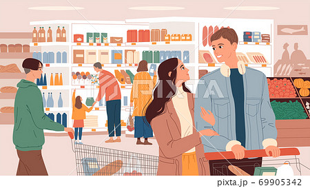 People with baskets in supermarket choose products 69905342