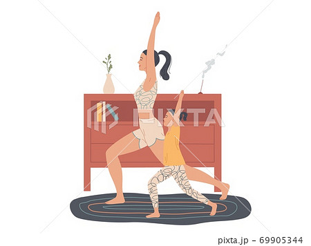Mother and child practice yoga at home, do an exercise warrior pose. Mother and child practice yoga at home, do an exercise warrior pose. 69905344