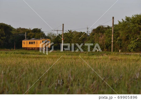 秋の夕方の田園地帯を行く電車 69905896