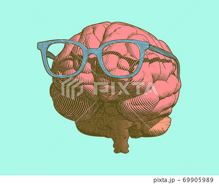Retro brain with glasses illustration on green BG 69905989