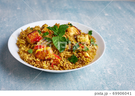 vegetarian paneer biryani at light blue background. vegetarian paneer biryani at light blue background. 69906041