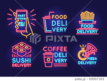 Food Delivery Neon Color Thin Line Icon Set. Vector 69907303