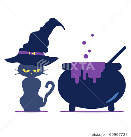 魔法使いの黒猫と鍋のイラスト素材