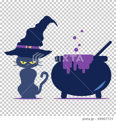魔法使いの黒猫と鍋のイラスト素材