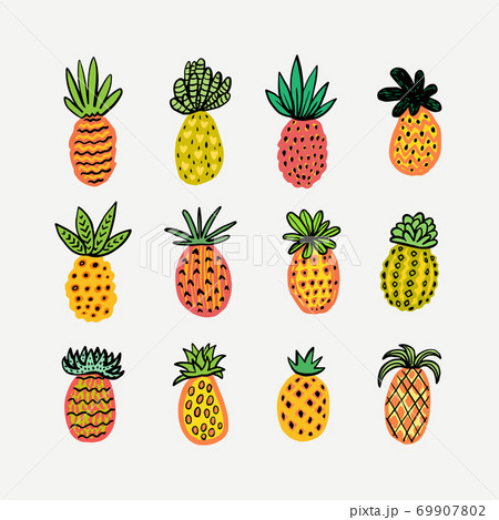 Set of cute sunny pineapples. 69907802