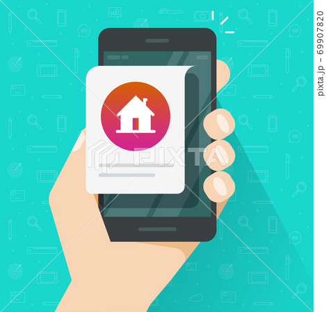 Home house info notice online message on mobile phone person hand vector flat cartoon illustration, man smart cellphone notification digital app on device, rent or sell application concept 69907820