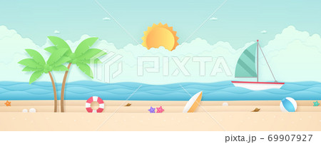 Summer Time, seascape, landscape, sailboat with sea, beach and stuff, cloud, sun, paper art style 69907927