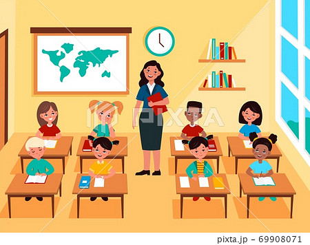 Kids with teacher in classroom. Multinational students at school class interior, pedagogue teaches lesson, children study subject. Primary or elementary education vector concept 69908071