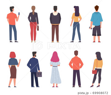People back view. Men, women in casual clothes standing together in various poses set, male and female persons from back side with phones and bags collection. Flat vector characters 69908072