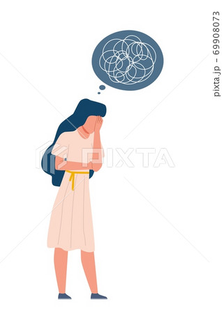 Depressed woman. Oppressed disorder mind, solitude stress and anxiety. Unhappy female and messy thoughts as line doodle negative emotions before psychotherapy flat vector illustration 69908073